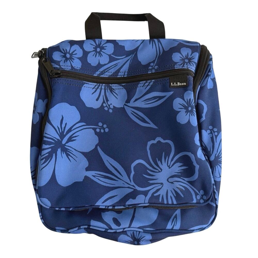 L.L. Bean top handle hanging travel toiletries bag blue hibiscus floral pattern